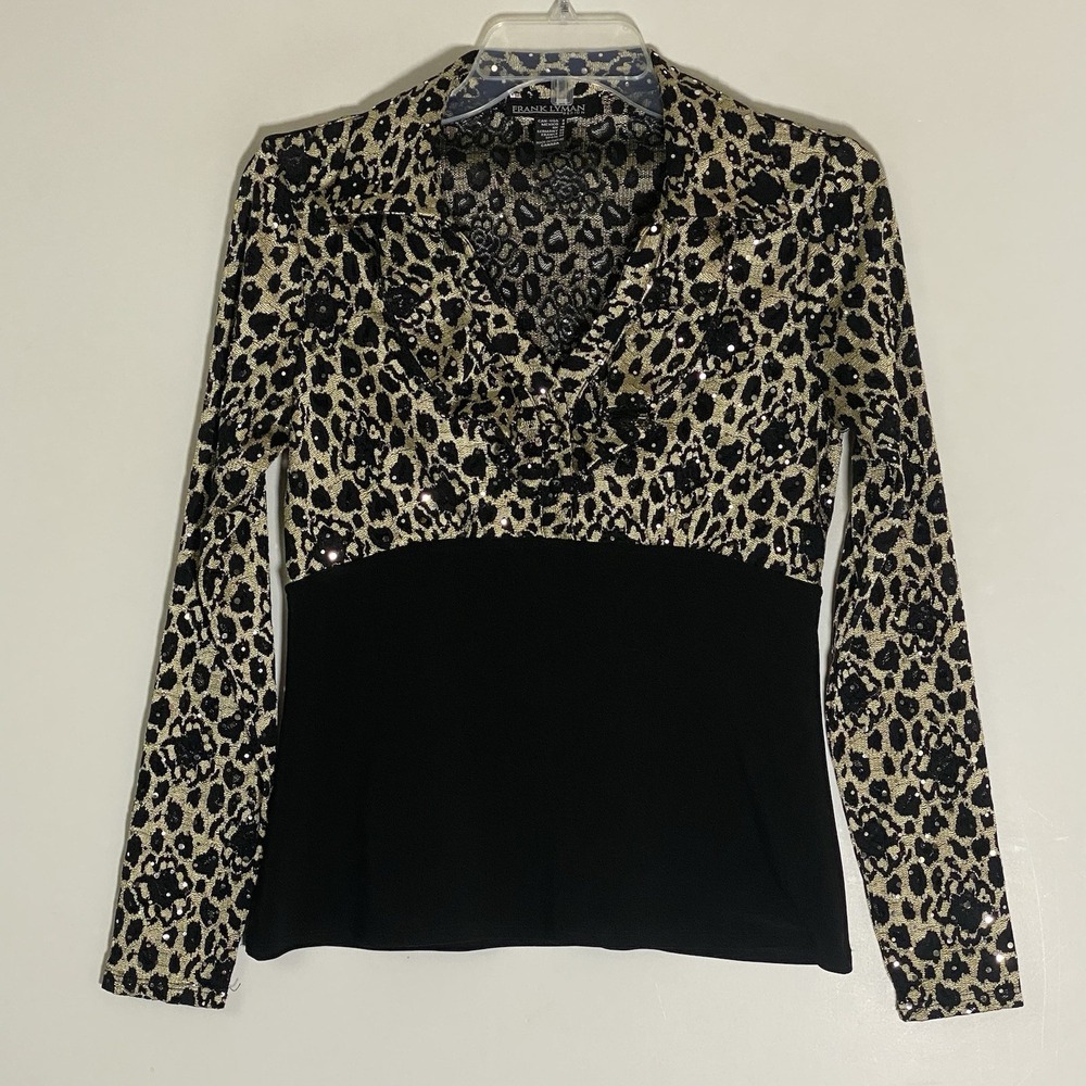 VTG Frank Lyman Top Womens 8 Black Gold‎ Leopard Sequin Mesh Sheer Dance 90s Y2K